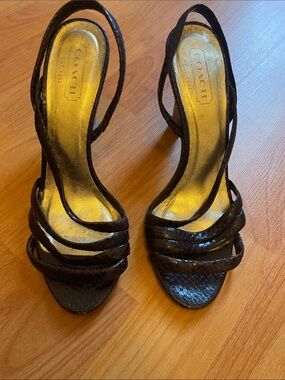 Coach Dark Brown Strappy Python Slingback Heels with Gold Insole